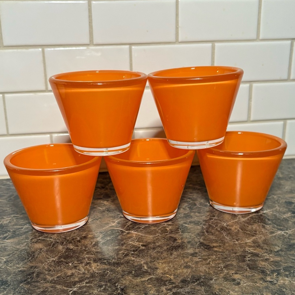 Crate and Barrel MCM Style Lolli Glass Votive Candle Holders Orange Lot of 5